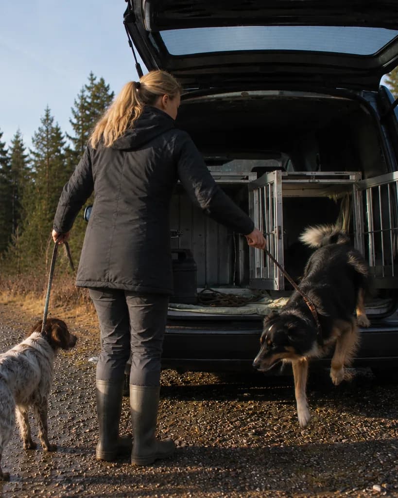 Dogwalkerin in Gummistiefeln vor der offenen Heckklappe ihres Kastenwagens. Ein Hund springt aus der Transportbox, ein zweiter wartet an der Leine.